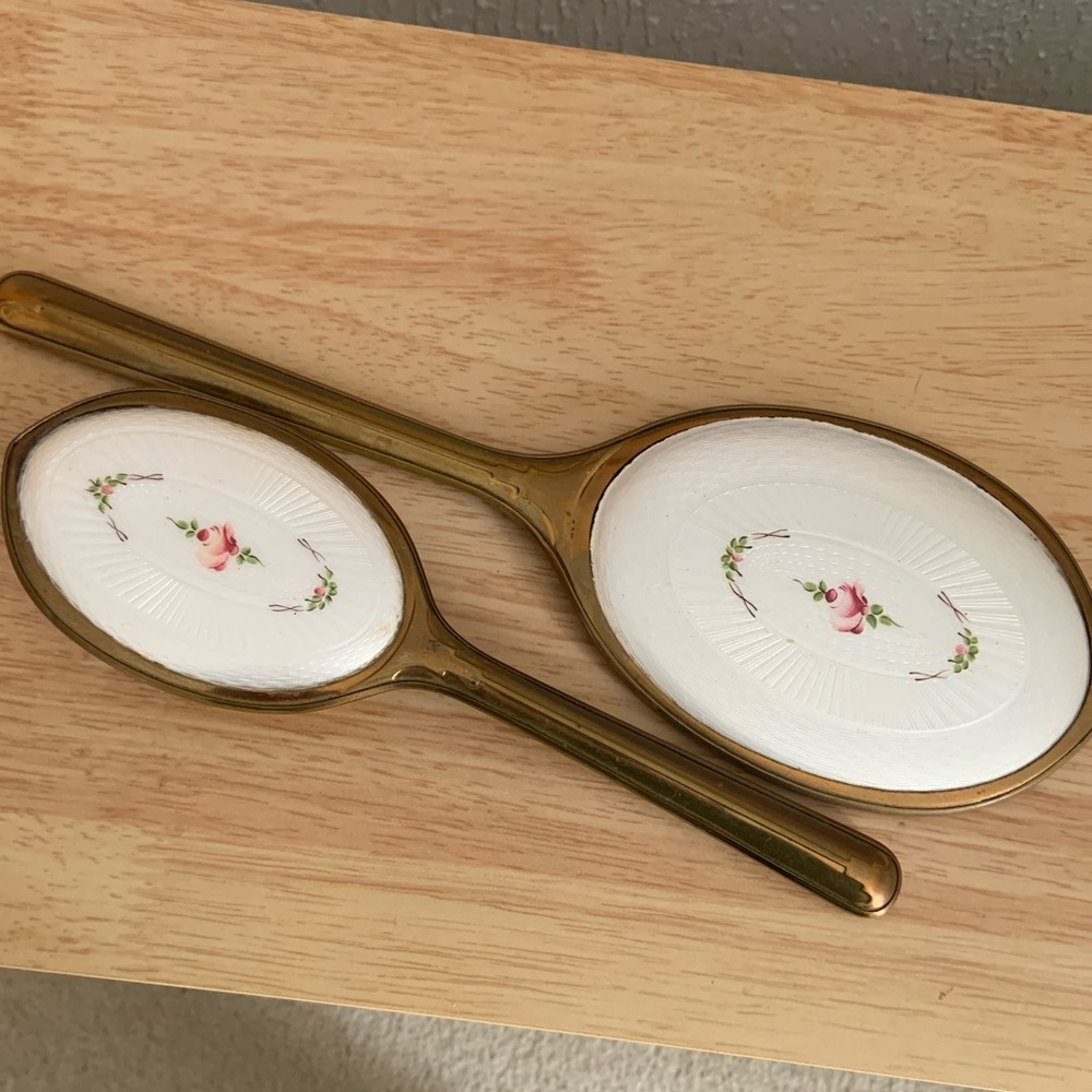 Elegant Gold and White Floral Hand Mirror Set